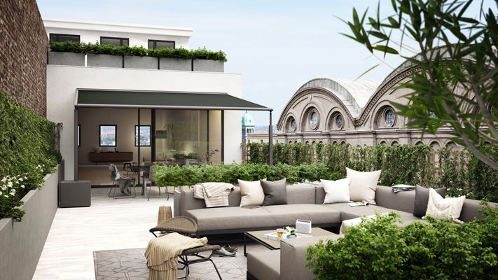 markilux pergola compact mit schwarzem Tuch auf der Dachterrasse eines modernen Penthouses.