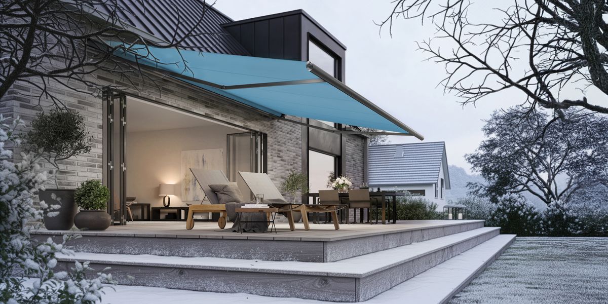 Einfamilienhaus aus Klinker mit Holzterrasse im Winter. An der Fassade hängt eine blaue Markise.