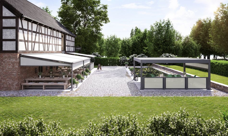 Bild eines Gasthofes ausgestattet mit den Markisen mx 5010, mx pergola und mx markant.