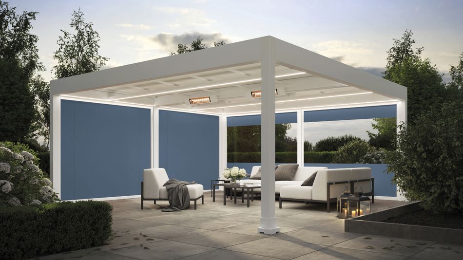 Weißes markilux markant mit Wärmestrahlern, Beleuchtung und markilux format an den Seiten.